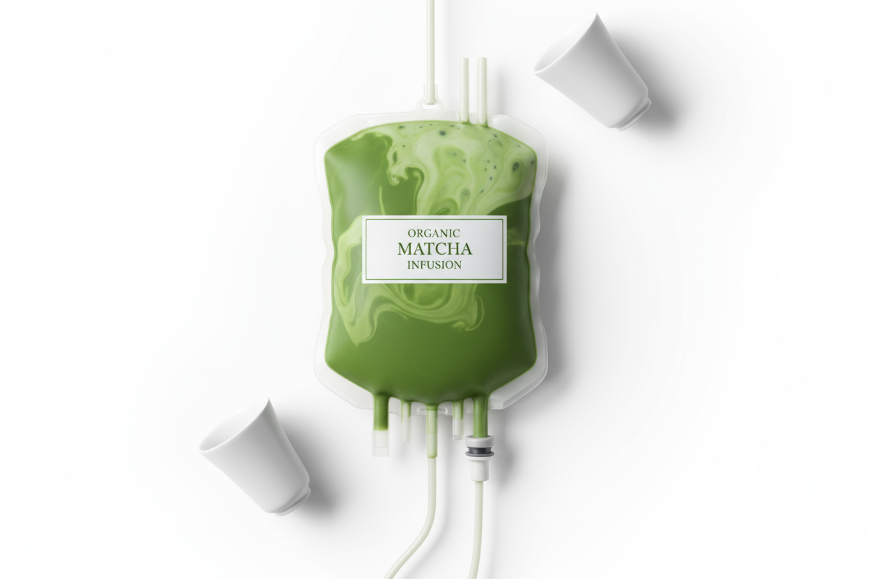 Kan je een close up maken van matcha die in een bloedzak zit (geen bloed maar wel matcha erin) graag omgeving wit maken